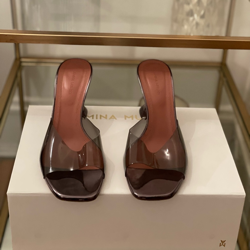 Amina Muaddi lupita transparent mule sandals in gray/black